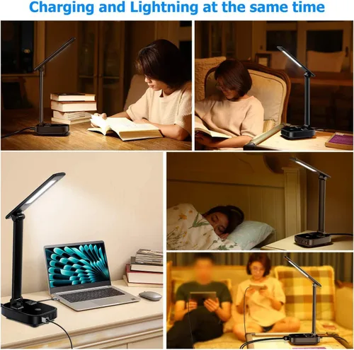 Miniatura 5 de Yostyle Lámpara de escritorio LED con 4 puertos de carga USB y 2 salidas de CA, estación de tira de alimentación con cable de extensión de 5 pies