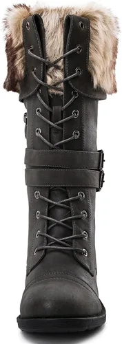 Miniatura 4 de GLOBALWIN Botas altas de media pantorrilla hasta la rodilla para mujer, botas de combate elegantes con cordones para mujer, tacón bajo
