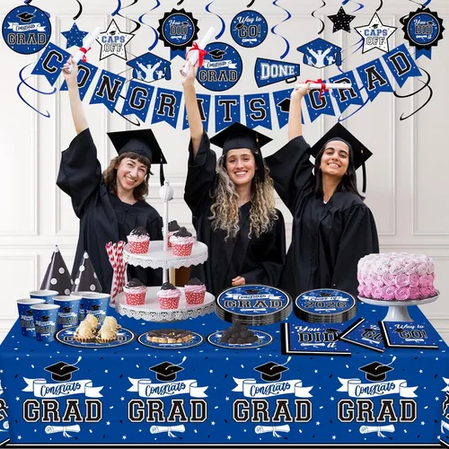 Miniatura 2 de DAZONGE Decoraciones de graduación 2026 azul, 265 piezas de decoraciones de fiesta de graduación 2026, juego de vajilla desechable para 50