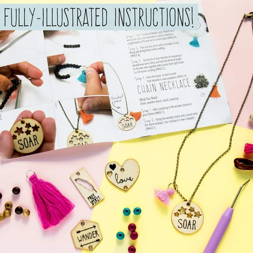 Miniatura 3 de STMT Kit de Arte y Manualidades de Joyería DIY de Dijes de Madera y Borlas por Horizon Group USA, Diseña y Crea 10 Piezas de Joyería de Chica Vsco