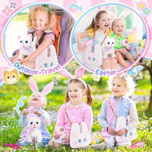 Miniatura 6 de NINAOR Juguetes interactivos para gatos para niños con bolsas bandolera, peluche de gato con correa para caminar y maullar, juguete de robot gatito