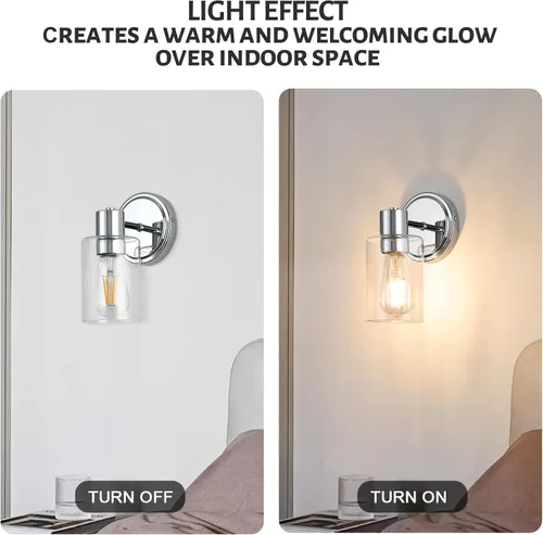Miniatura 4 de Apliques de Pared de Baño de 2 Luces con Cristal Transparente, Luces de Pared de Baño Sobre Espejo, Luces de Tocador Cromadas con Base E26