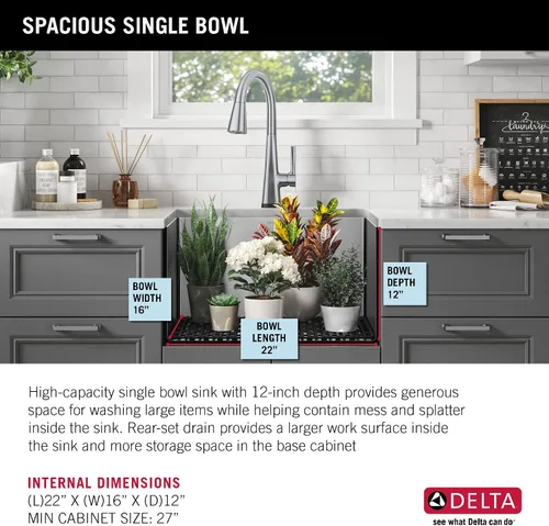 Miniatura 8 de DELTA FAUCET Delta Lenta 953034-24SL-SS - Fregadero de cocina de acero inoxidable calibre 16 de 24 pulgadas con accesorios, color satinado