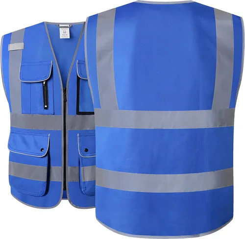 Miniatura 4 de Chalecos de seguridad retroreflectantes Clase 2 con 9 bolsillos y cremallera frontal ANSI/ISEA 107-2015 (azul-3, 2XL)