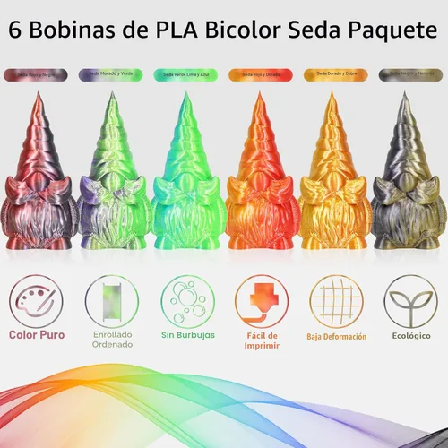 Miniatura 3 de MIKA3D Paquete de 6 carretes de filamento bicolor para impresora 3D de 1.75mm, filamento de seda PLA para impresión 3D, 6 carretes – seda