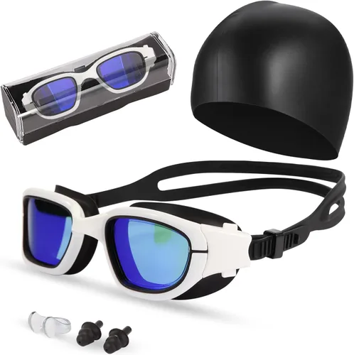 Miniatura 14 de Gafas de natación, gafas para adultos con gorro de natación, clip de nariz y tapones para los oídos, protección UV, lente antivaho y funda