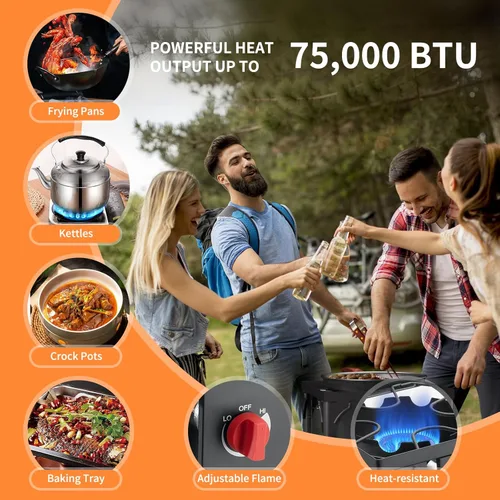 Miniatura 3 de Quemador de propano, estufa de gas individual de alta presión de 75,000 BTU con regulador ajustable de 0-20 PSI, estufa de camping con 8 patas