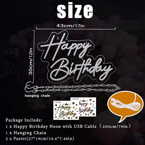 Miniatura 3 de Letrero de neón de feliz cumpleaños para decoración de pared, luz de neón LED blanca de 17×12 pulgadas, letrero de luz de neón de feliz cumpleaños