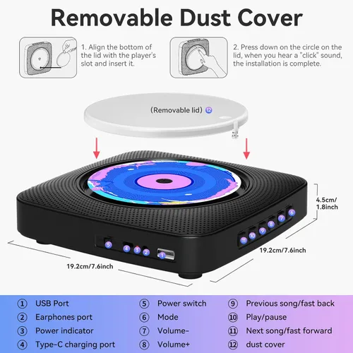 Miniatura 7 de Reproductor de CD portátil con Bluetooth recargable: reproductores de CD para el hogar con 1800mAh Kegaudio de escritorio, reproductor de CD de Negro