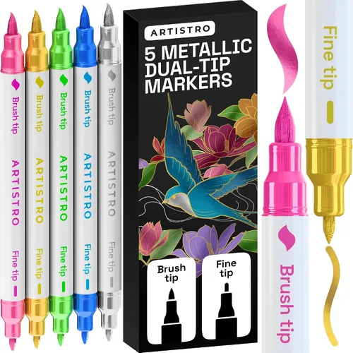 Miniatura 11 de ARTISTRO 5 marcadores de pintura acrílica negra, bolígrafos de pintura de doble punta + pincel fino ideal para caligrafía, perfectos para tela