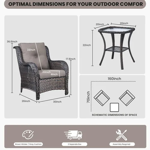 Miniatura 3 de Belord Juego de muebles de exterior, sillas de mimbre para patio, muebles de ratán de 3 piezas con mesa auxiliar, juegos de sillas bistró de patio