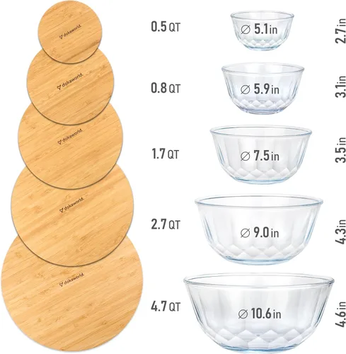 Miniatura 3 de Juego de 5 cuencos apilables grandes de vidrio anidables con tapas de bambú para preparación de alimentos, almacenamiento, horneado, mezcla de masa