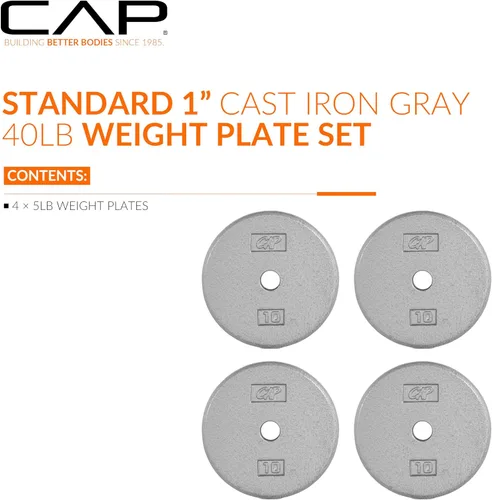 Miniatura 2 de CAP Barbell Placas de peso estándar de hierro fundido de 1 pulgada, individuales y juegos 1.25-50 libras Múltiples opciones Gris