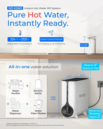 Miniatura 2 de Waterdrop Sistema de ósmosis inversa KJ600, dispensador instantáneo de agua caliente, 600 GPD, reduce PFAS, sin tanque, 2:1 puro para drenar, debajo