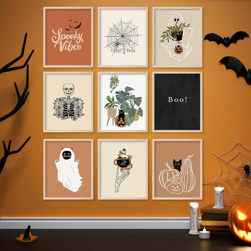 Miniatura 6 de Whaline 12 impresiones artísticas en lienzo de Halloween para pared, diseño de esqueleto bohemio, fantasma, gato negro, decoración de pared