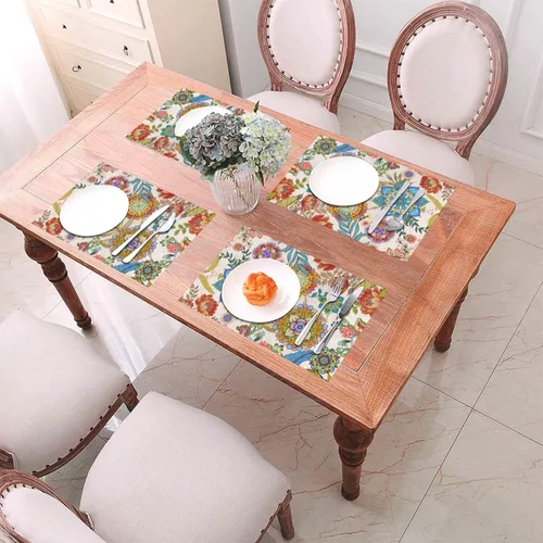 Miniatura 7 de Juego de 4 manteles individuales florales bohemios de lino de 12 x 18 pulgadas, manteles individuales de flores coloridas para cocina, mesa