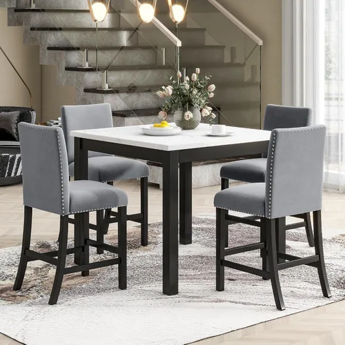 Miniatura 9 de RuiSiSi Juego de mesa de comedor de 5 piezas para 4 personas, mesa de cocina con parte superior de mármol sintético con 4 sillas tapizadas