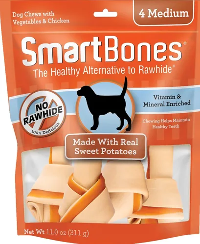 SmartBones Masticables medianos con batata real, 4 unidades, sin piel cruda, masticables para perros