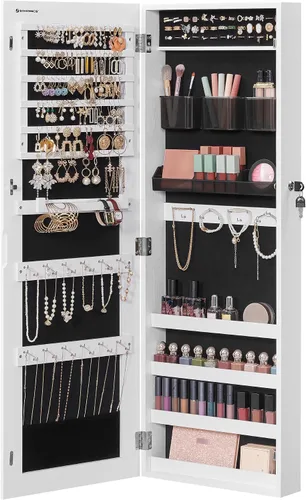 Miniatura 34 de SONGMICS Gabinete colgante de joyería, gabinete de pared con luces interiores LED, organizador de joyas montado en la puerta, espejo de cuerpo Blanco