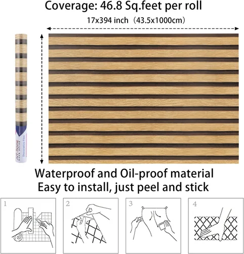Miniatura 6 de Arthome 17"x393" Papel pintado de listones de madera, para despegar y pegar, autoadhesivo, de madera, papel pintado de PVC, vinilo decorativo, Olmo