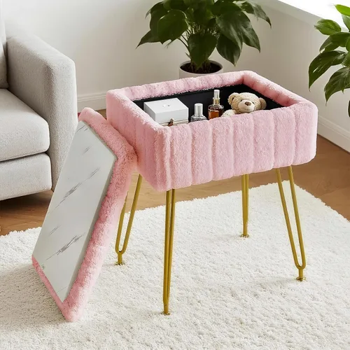 Miniatura 9 de FUXA Taburete de tocador con almacenamiento, silla de maquillaje de piel sintética con 4 patas de metal y pies antideslizantes, asiento acolchado