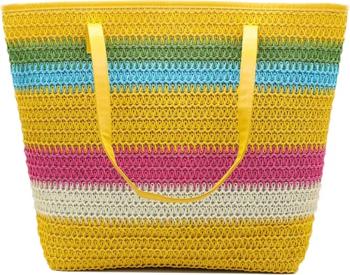Miniatura 14 de Bolso grande de paja para mujer, tejido de ratán, bolso de playa de verano, a rayas