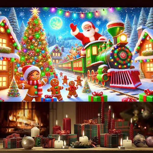 Miniatura 6 de BlissYard Telón de fondo de tren de Papá Noel, 71 x 43 pulgadas, pancarta de escena de Navidad de pan de jengibre, fondo de fotos para fiestas