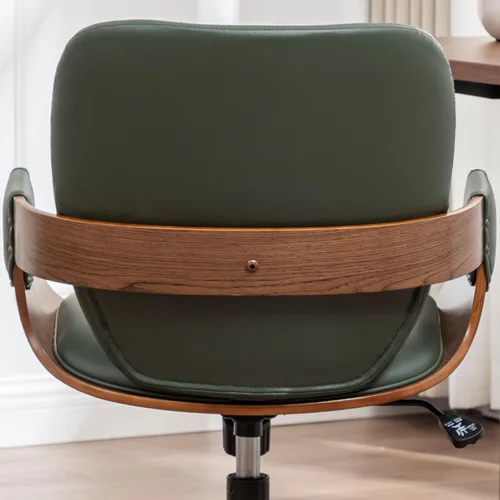 Miniatura 7 de Silla de escritorio para oficina en casa con ruedas giratorias, artesanía de nogal, respaldo y brazos curvos ergonómicos, piel sintética, altura