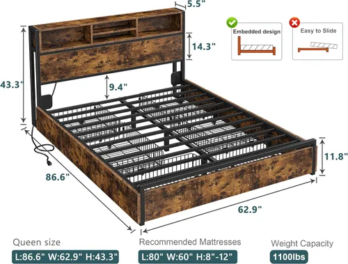 Miniatura 2 de EnHomee Base de cama Queen con 6 cajones de almacenamiento, marco de cama Queen con cabecero, marco de cama tamaño Queen con estación de carga