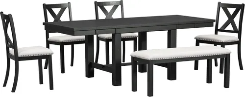 Miniatura 8 de RuiSiSi 6 Piece Solid Wood Dining Table Set, Farmhouse Extendable Kitchen Table with a Bench and 4 Padded Chairs, 4-6 Dining Table Set with Bench