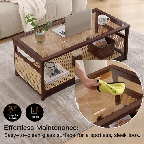 Miniatura 4 de Welnow Mesas de centro de ratán para sala de estar, moderna mesa de centro de 2 niveles, mesa de centro rectangular de mediados de siglo con estante