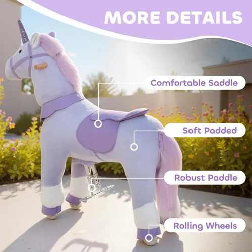 Miniatura 5 de Qaba Caballo de montar para niños de 4 a 7 años, unicornio de felpa de 37.8 pulgadas de altura, animal caballo que camina con ruedas rodantes