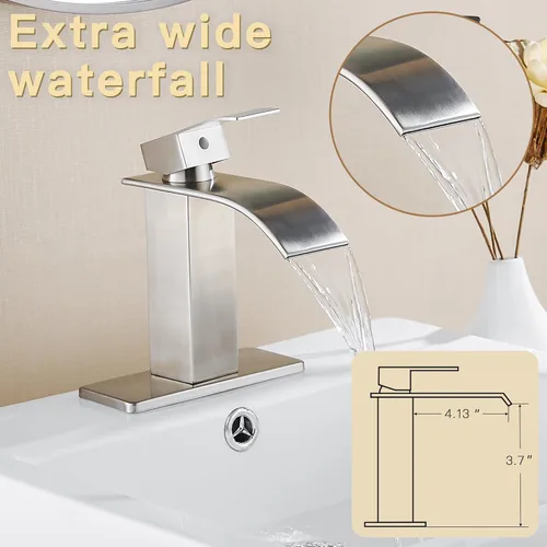 Miniatura 3 de Fransiton Grifo de baño de cascada de níquel cepillado, grifo de lavabo de una sola manija de 1 o 3 agujeros, grifo de lavabo con cubierta y drenaje