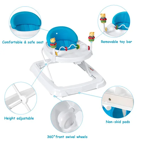 Miniatura 4 de HONEY JOY Andador de bebé, juguete plegable para empujar sentado y caminar detrás con ruedas, piano interactivo y pedantes, altura y velocidad Azul