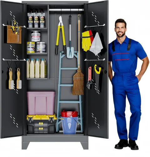 Miniatura 7 de Armario de almacenamiento para exteriores de 61 pulgadas, cobertizo de almacenamiento de metal resistente con puertas ventiladas y ganchos