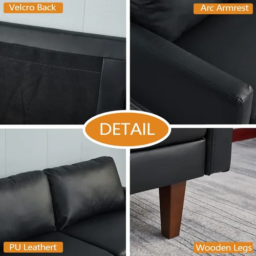 Miniatura 5 de INSTORY Sofá de cuero Sofá moderno con patas de madera para sala de estar, oficina - negro