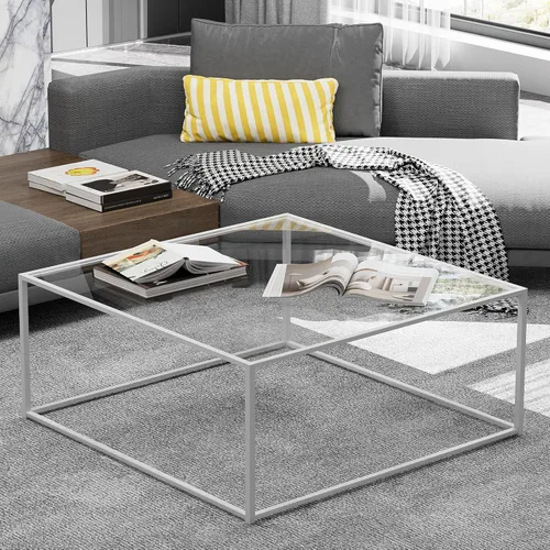 Miniatura 3 de Mesa de café de vidrio cuadrada, mesa de café cuadrada para espacios pequeños, mesa central minimalista moderna para sala de estar, oficina en casa