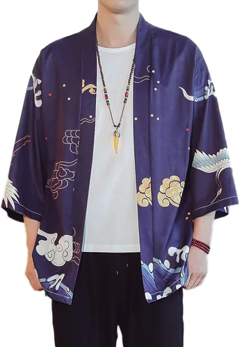 Miniatura 8 de PRIJOUHE Chaqueta Kimono Ligera para Hombre de Manga Tres Cuartos con Frente Abierto Cárdigan Estilo Japonés