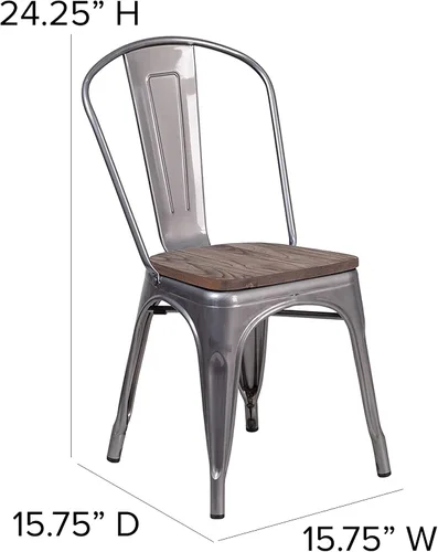 Miniatura 2 de Merrick Lane Silla de comedor apilable con respaldo de listones verticales de metal, marco recubierto transparente, asiento de madera de olmo