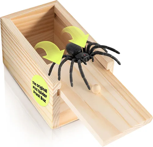 FunFamz Mini Caja de Broma de Araña - Regalo de Broma de Madera Sorpresa, Perfecto para Cumpleaños, Día de los Inocentes, Broma Inofensiva con Araña