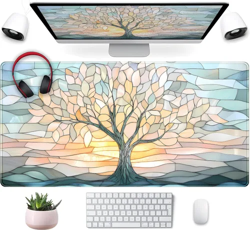 Miniatura 5 de Tapete para teclado bohemio con pintura pastel, tapete para mouse con plantas verdes matcha, accesorios abstractos, tapete de escritorio