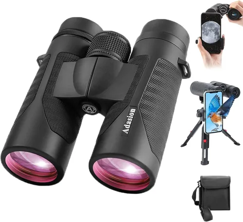 Prismáticos HD de 12x42 para adultos de alta potencia con adaptador de teléfono y trípode, prismáticos impermeables con prisma BAK4 súper brillante