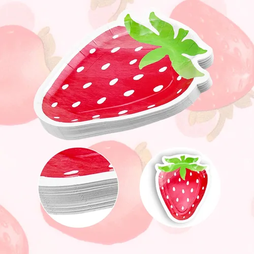 Miniatura 6 de Platos en forma de fresa, delicados y encantadores, decoraciones de fiesta de fresa adecuadas para fiestas, cumpleaños de bebé (24 juegos)