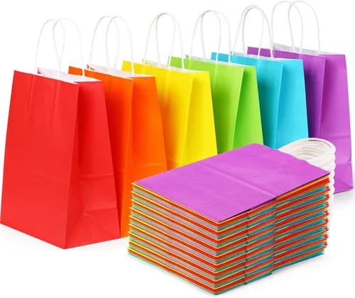 SHOPDAY 36 bolsas de regalo de papel kraft arcoíris con asas, tamaño mediano de 8 x 4.25 x 10.5 pulgadas, 6 colores surtidos para cumpleaños, bodas,