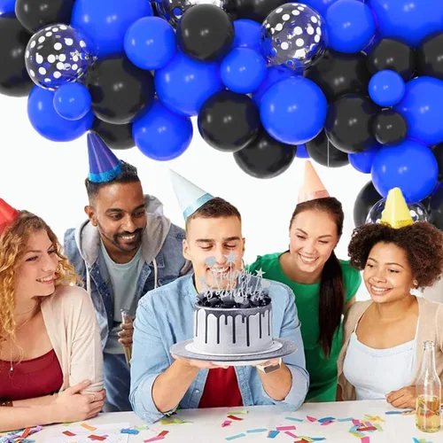 Miniatura 3 de Juego de globos de confeti azul rey, negro y plateado, arco de globos de confeti azul, negro y plateado para decoración de cumpleaños de bebé jefe