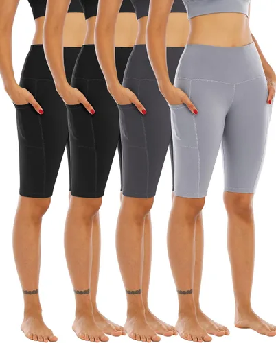 Miniatura 16 de WHOUARE Paquete de 4 pantalones cortos de yoga con bolsillos para mujer, cintura alta, atléticos, correr, entrenamiento, gimnasio, control de abdomen