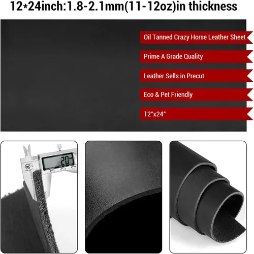 Miniatura 2 de Hojas de cuero genuino de grano completo negro para manualidades, 12"x24" (30.5x61 cm) piezas de cuero para herramientas cuadradas
