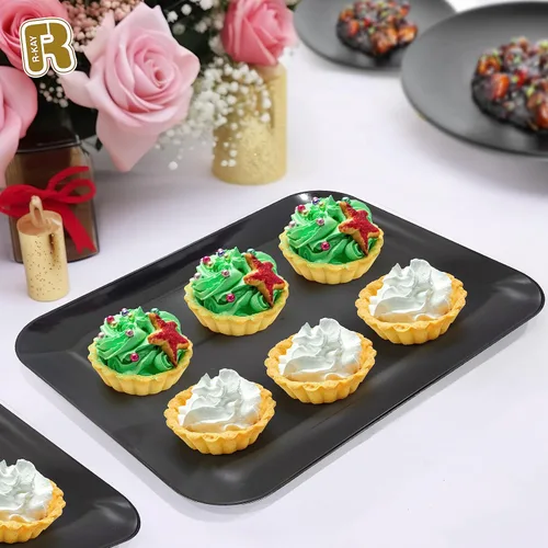 Miniatura 4 de Paquete de 3 bandejas de plástico negro para servir – Bandeja negra de 8 x 11 pulgadas – Bandejas de postre resistentes para alimentos – Bandejas