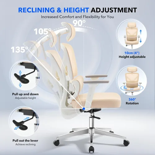 Miniatura 8 de Silla de oficina ergonómica con soporte lumbar ajustable, silla de escritorio de oficina en casa, cómoda silla de juegos de malla con reposabrazos