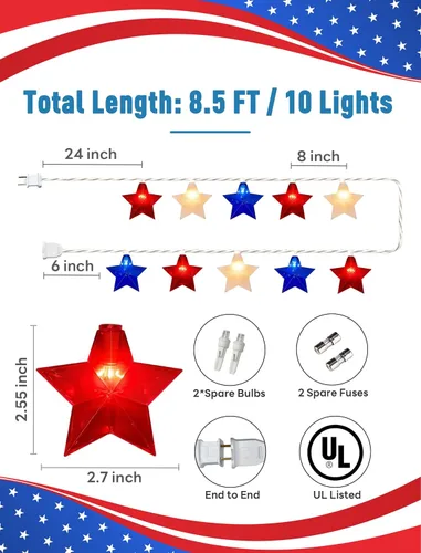 Miniatura 7 de Tira de luces de estrellas rojas, blancas y azules, 8.5 pies, luces de decoración del 4 de julio con 10 luces rojas, blancas y azules, tira de luces